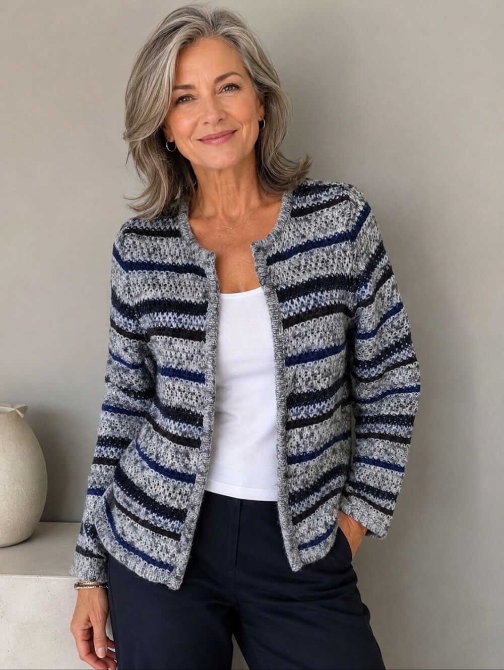 OUI Striped Knit Crewneck Open Front Cardigan - Gray & Navy Lurex. Medium.